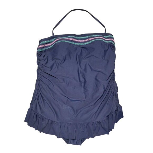 True Craft Women's One Piece Swimsuit Size 3X Blue Embroidered Swim Dress Skirt - Picture 1 of 11
